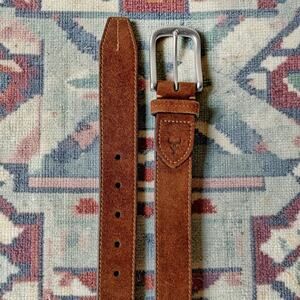 TRASK Cognac Suede Belt, Longhorn Shield Detail, Brushed Steel Buckle, USA Made